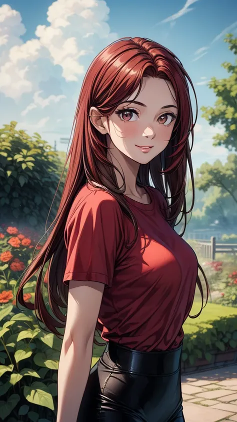 ((masterpiece, best quality:1.8, high detail)), beautiful woman, bright brown eyes, smile, wide-eyed, solo focus, long messy hair, ((dark red hair)), (white t-shirt), (black pencil skirt), slim body, garden, (cloudy sky), ((realistic)), ((realism)), ((ultr...