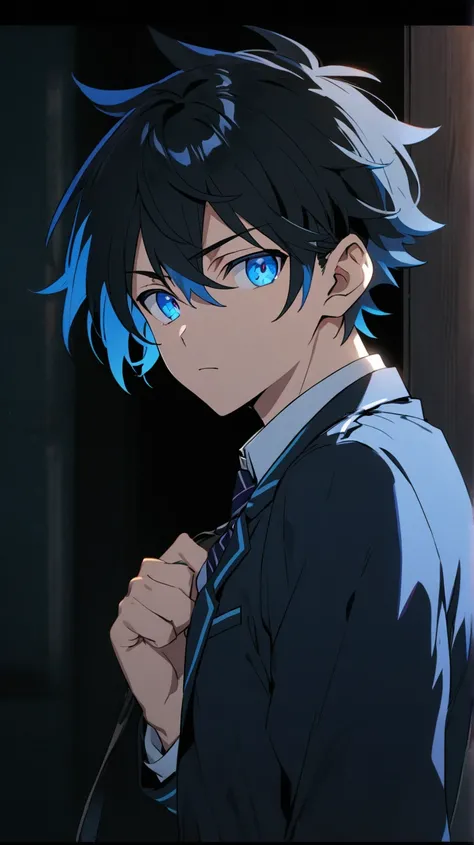 Male Anime Characters, Black Hair, Blue, Blue Eyes, Mixed Light Blue, Wearing School Male School Uniform.Black Japanese Tip