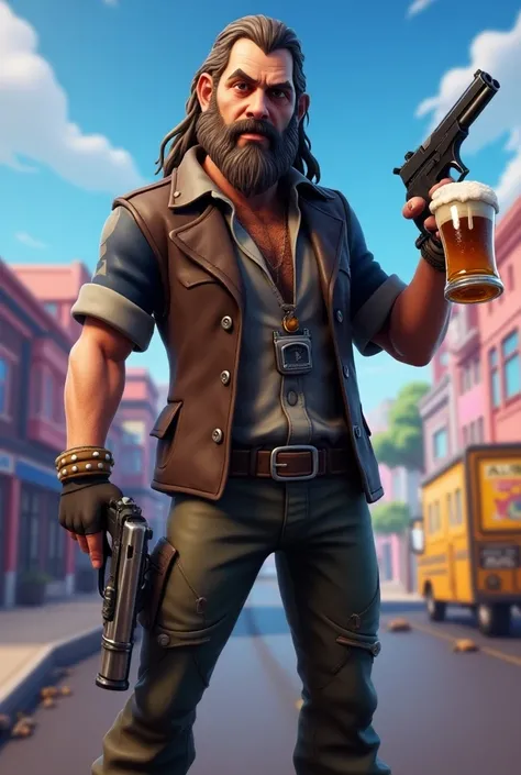 Make me a picture of Frank Gallagher from hit tv show called Shameless as a Fortnite skin. Make him hold a pistol in one hand and beer mug with beer in other hand. Make his long hair that go to his neck more unkept and his beard an unkept short stubble