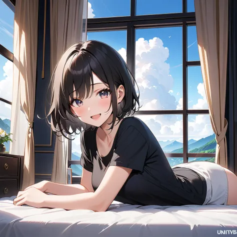 ((32K)), ((Best Quality)), (( ultra high resolution )), (( high definition)), ((超 high definition)), (( VERY DETAILED CG )), ((unity 32K wallpaper)), (masterpiece, Best Quality:1.2),  1 girl,puppet、smile、blush , open your mouth 、Short black hair、Black T-sh...