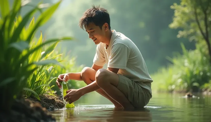 Prompt: "The young man, now filled with inner peace, performs simple daily tasks like gathering water or tending to plants. His face reflects a sense of satisfaction and harmony with nature, embodying the story’s lesson of peace in every action."

