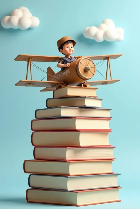 A stack of books, a plane made of boxes on top of the books ,  one and a boy inside the plane made of boxes,  the boy wearing an aviators hat and wearing a handkerchief, light blue background with white clouds  