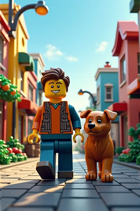  An image with a neighborhood or city background of a man with his dog and say: The neighborhood of Legos and his dog 