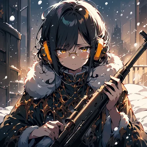 ( extremely elaborate delicate touch:1.3),  pretty girl beside the bed, (Super black shorthair :1.3), (yellow glasses:1.3), Under Rim_metal,  headphones,  holding a rifle , falling snow, Tears in my eyes,  Serious Atmosphere , (snow:1.3)