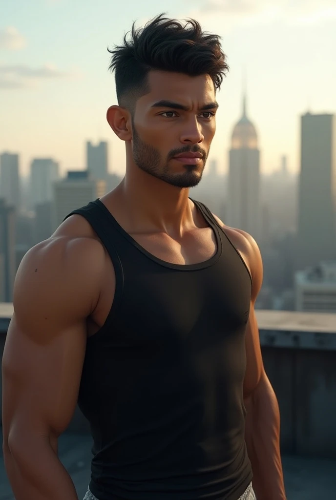 Create an image of an Asian male MMA fighter named Arjun The Phantom Verma. He has a muscular build, warm tan skin, and short, tousled black hair. This time, he looks contemplative with a slight smirk. He is wearing a black tank top and grey sweatpants. Th...