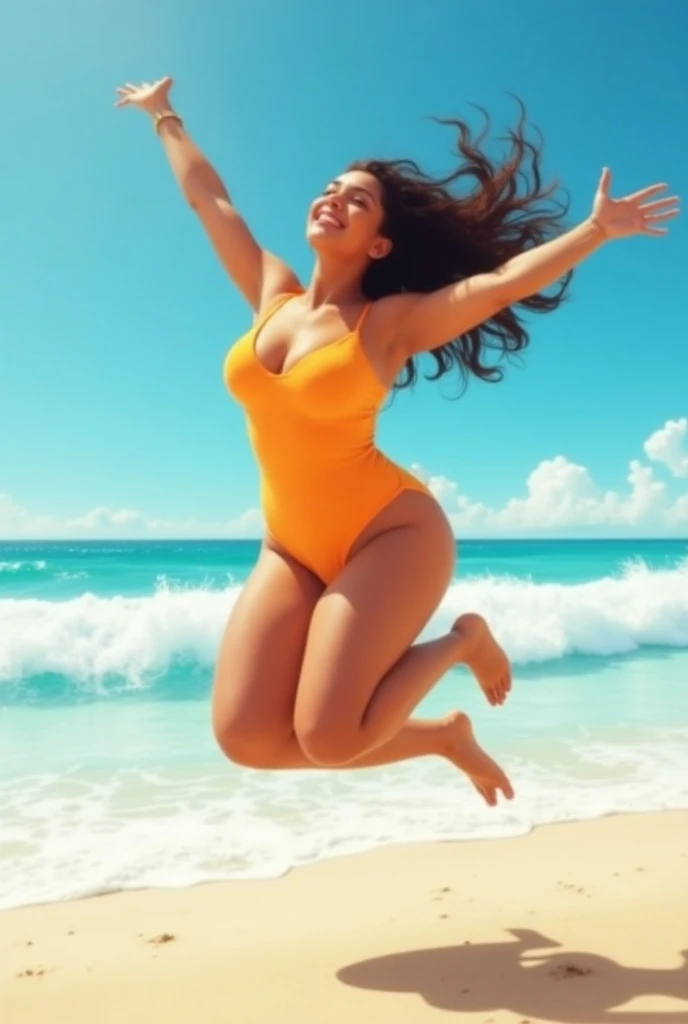 A girl at the beach jumping, , fat, American, wearing a tight swimsuit or bikini 