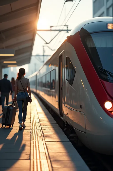 A high speed rail is very fast and arriving at the station a little  and Mother is getting off 