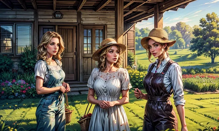 a close-up of a handsome farmer and his 3 sexy unique Caucasian farming daughters. all are wearing farming clothes and standing on the porch of a beautiful white farmhouse in the mid-west on a sunny afternoon, looking at you. a breeze is gently blowing the...