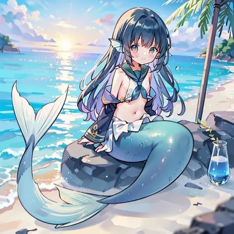 mermaid、flat chest、 sailor suit、sitting on the beach