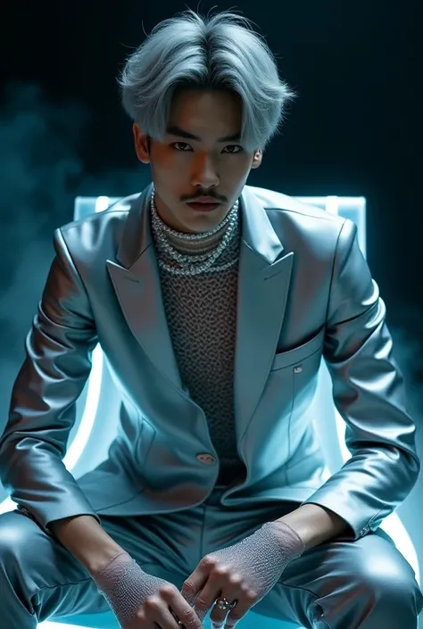 The image of a young k-pop idol man with short hair, silver-gray with a slender mustache, wearing a silver suit, sitting on a glowing chair, sci-fi, photographed model of the SXR brand, a fashion dress of the future, is characterized by sleeves./The gloves...