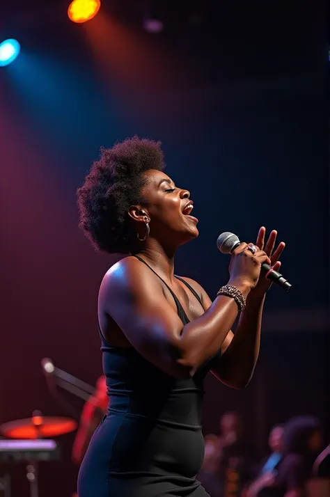 Black woman singing gospel music at a concert