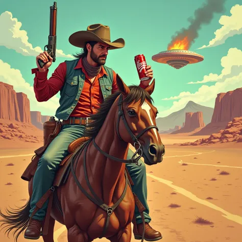 Hero Western cowboy on horseback with an aluminum can of red energy drink in one hand and a shotgun in the other, pointing into the distance, in the desert of Yutayu State with hills in the background and a hit UFO on fire, in those hills. styled in the st...