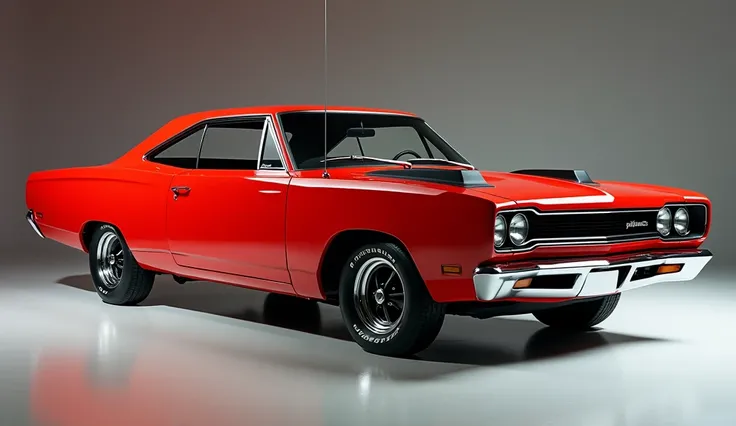 2025 Plymouth roadrunner  front side view red color in beautiful showroom 