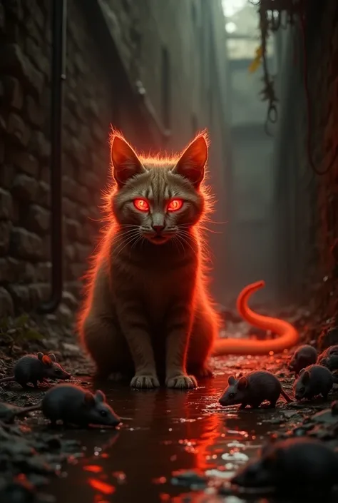 A small brown cat from the northern forest, with a female body and paws, has eyes as red as fire, kneeling in the water at the bottom of a rat-infested sewer, with a ghostly red fire aura around her