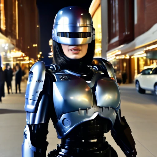 
( Best Quality ), (Overall view), Female Robocop,  Hua Gai with a cool and charming face ,RoboCop Armor  , Robocop helmet ,  beautiful and sexy young woman , 18 years old,  toned and muscular  , With a cool and handsome face  , SharpEye, Big Breasts