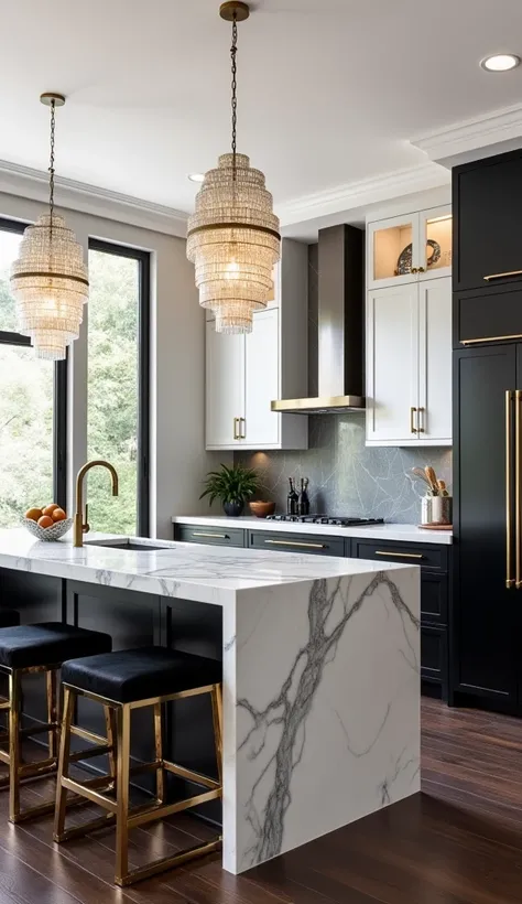 A luxurious and modern kitchen with an open layout. The focal point is a large island with a stunning waterfall countertop made of white marble with prominent grey veining. Four black and gold bar stools with black velvet upholstery are arranged around the...