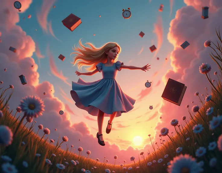 Image of a blonde girl falling into a hole like Alice in Wonderland may the sky be a sunset and the wind magenta, white and turquoise.