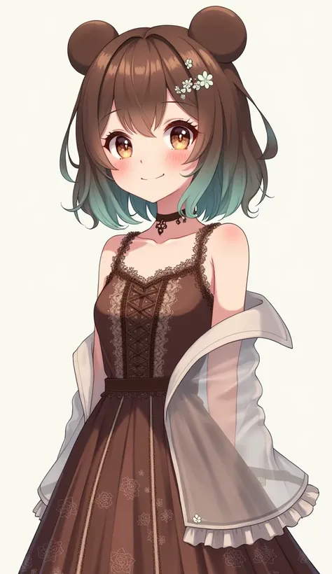 Anime girl with midium-long bob brown hair and tosca ombre hair, Have bear ears, ((a girl)), gently smiling, cute eyes, a sleeveless brown dress sexy top complex design simple dress with beautiful design tiny flowers and a little flowers on hair beautiful ...