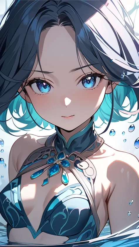 1 girl, ( cute face), forehead, parted bangs,  fluffy short hair ,  fantasy anime costume, Small breasts,  Mysterious Expressions , 陶器のような肌
break,  dim cave, (Mysterious Light:1.3), Cool Tone, Reflective water surface, break, Sparkling Stalactites ,  Blue ...