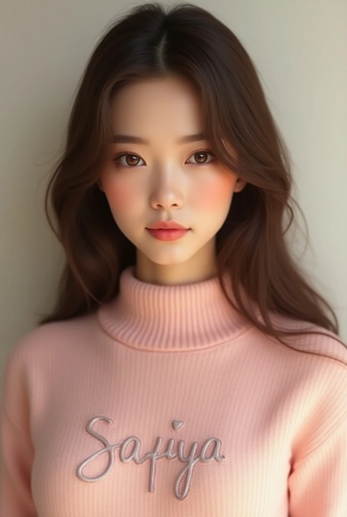 1 pretty girl, long brown hair, brown eyes, sharp features, white skin, pink lips,  wearing a pink sweater where written her name " SAFIYA " 