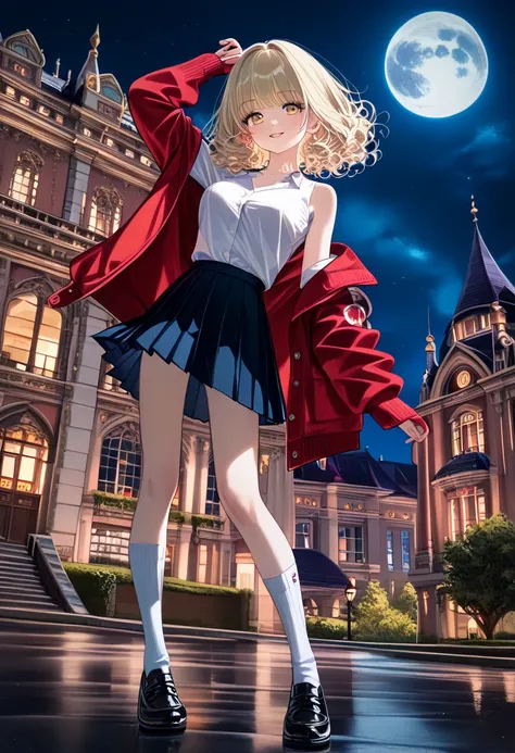 Prompt:(girl),(inwardly curled hair),((red acrylic cardigan jacket roundneck plain color knit plain color puff-shoulder button front design:1.5)),((black pleated skirt:1.5)),((white socks:1.5)),((black shoes:1.5)),standing,((night,moon)),((resort building:...