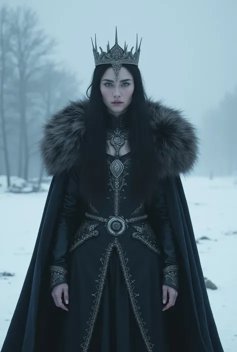 1girl,alexa demie as a stark princess,game of thrones northern princess,dark fantasy,cinematic lighting,dramatic pose,intricate crown and jewelry,detailed fur-lined cape,icy blue eyes,sharp facial features,porcelain skin,flowing dark hair,strong female cha...