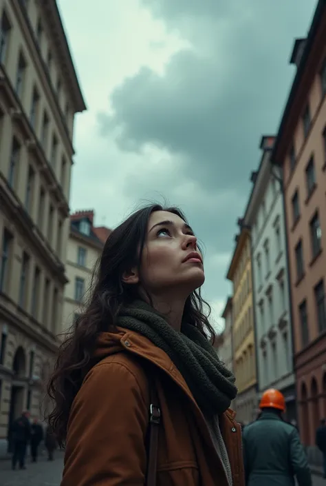 The weather in urban areas in Germany 。A woman is looking up at the sky worrying about the weather。