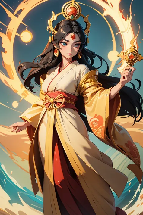 Best quality, masterpiece, high quality, detailed beautiful face, (detailed beautiful eyes), "Depict Amaterasu, the radiant and powerful goddess of the sun from Japanese mythology, as a full-body, standing figure with long, flowing black hair, holding a tr...