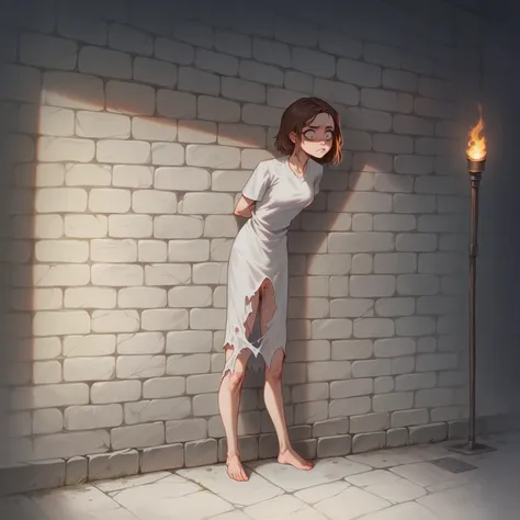 female next to wall, prison, brown hair, white peasant shirt, human face and body, make effort, dripping pussy, full-length, puz...