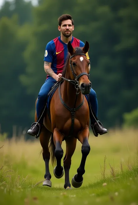 Messi is riding a horse image in high quality in outdoor in grass and background forest but face