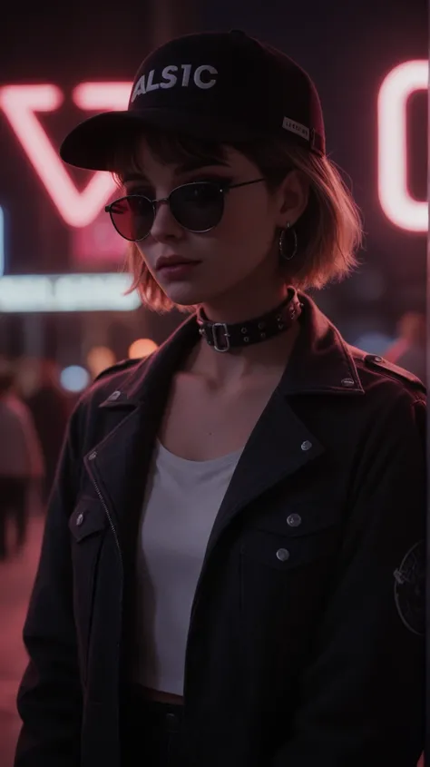 Close-up do rosto, Alternative girl,  looking over black sunglasses , jacket, collar,  neon light reflections on the skin, earring, makeup,  skin imperfections,  short hair, hat, neon light background , low light,  depth of field , highly detailed, High co...