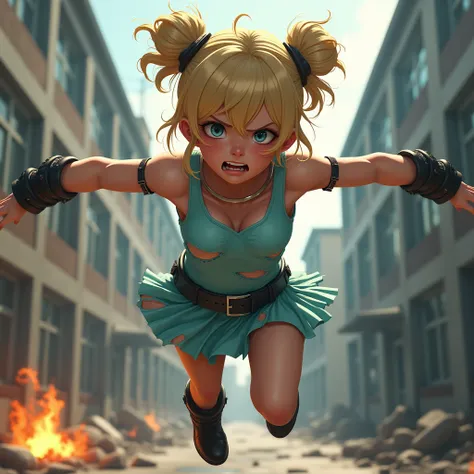 a teenage girl with blonde hair in bunches, cute, angry and frowning. she is wearing a ripped and torn  sleeveless light blue tight pvc minidress with a black belt, bare legs and black boots. she has been in a fight and is flying off the ground over a stre...