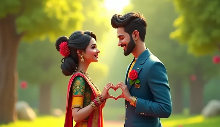 A 3D-rendered, vibrant image of a young indian couple in a green park. The girl wears colorful traditional attire with jewelry, and the boy is dressed in blue with a red rose on his chest. They are close together, making a heart shape with their hands. Bac...