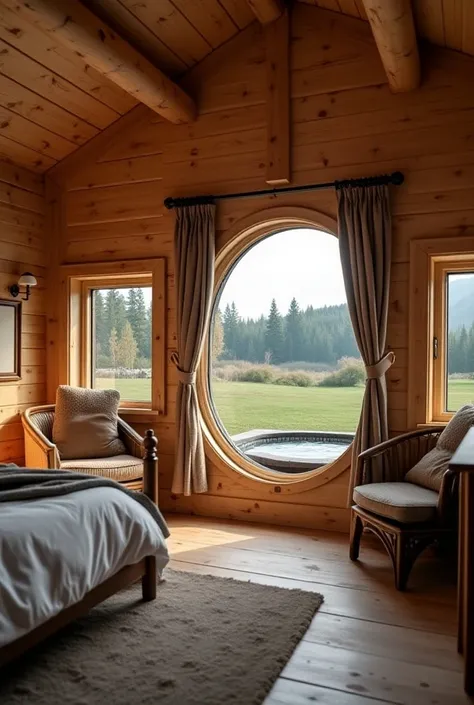 Interior: small hobbit house, 20 square meters, modern wooden log house with bed with bay window, view of terrace, hot tub and Cevennel landscape 