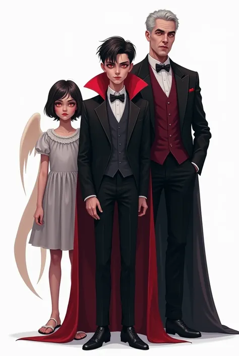 A vector illustration of a group of three vampires standing together on a white background. The first vampire is a young  with pale skin, sharp fangs, and innocent yet eerie glowing red eyes. The second vampire is a young adult with a more mature appearanc...