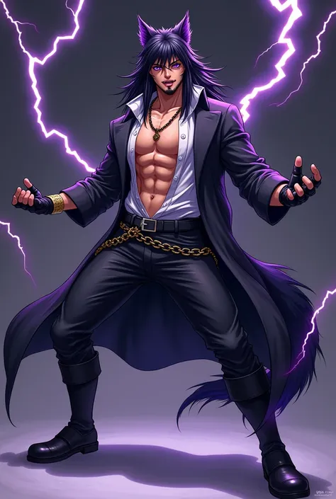 A young man with a beard ,  purple eyes , and long hair,  wearing an open button shirt , muscular,  full body vision .  He has black hair and a black beard .  Wearing black leather pants with a chain,  black boots ,  a normal black coat , black gloves,  an...