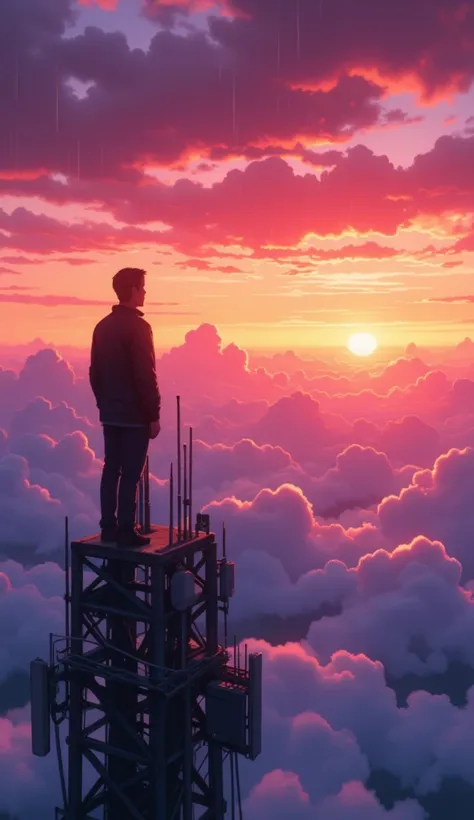 An adult man on top of a giant cell tower.
 He is admiring the clouds passing by his side .
 In the background a magnificent sunset ,  Cintilante, obfuscating, expressive, bioluminescentes, lilac gradient ,  red and orange .
 Raindrop effect .
extremely de...