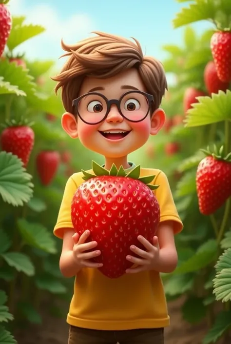 The background is a strawberry and in front is a boy in glasses holding a big strawberry smiling so brightly