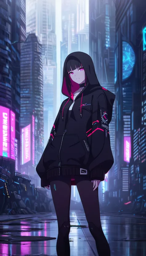 An anime girl in a black leather jacket is standing in the city, digital Cyberpunk anime art,  digital cyberpunk - anime art ,  Modern Cyberpunk Anime ,  cyberpunk anime girl , Anime Cyberpunk art, Cyberpunk anime art, female  cyberpunk anime girl ,  cyber...