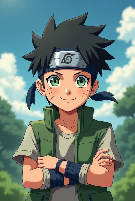 Rock-like character Lee with 13 years old short black hair green eyes konoha bandana on the forehead smiling and with bands on the left and right wrist