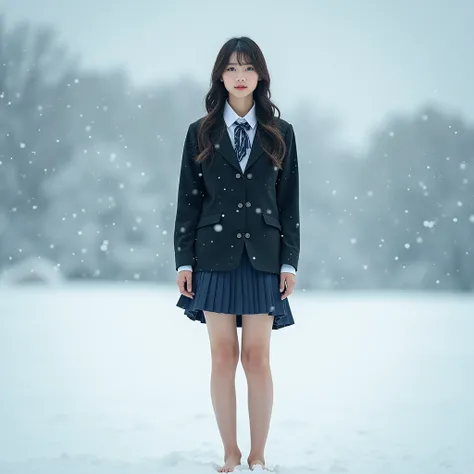 Beautiful girl in college uniform in the snow ，Full body photo， bare feet

Real Photo HD 8k Photography Masters Ultimate Masterpiece Perfect Movie Poster Desire for Color