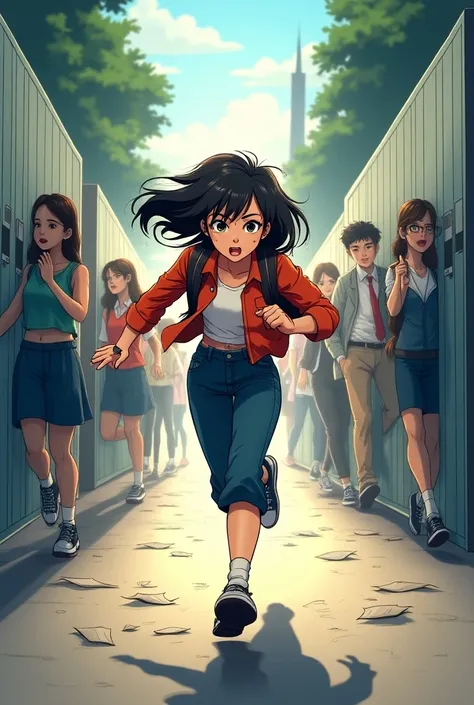 A comic style, comic panel. Panel Idea: A rom-com-style, anime style, chase through the school, with A girl running through hallways, bumping into other students, or hiding behind lockers as she follows the teacher. Details to Add: Make it cinematic! Draw ...