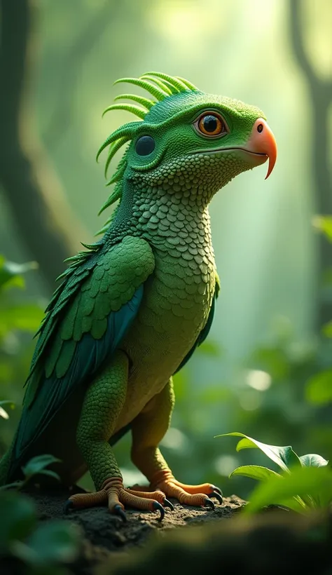  photo from the 1950s is a 16k close-up photo of the resulting fusion between (parrot) with (Lizard ),Very tall and elegant , . Fresh and mysterious green forest aesthetic background, elaborate artwork, bokeh, ultra photo-realistic ,sparkle, glowing light,...