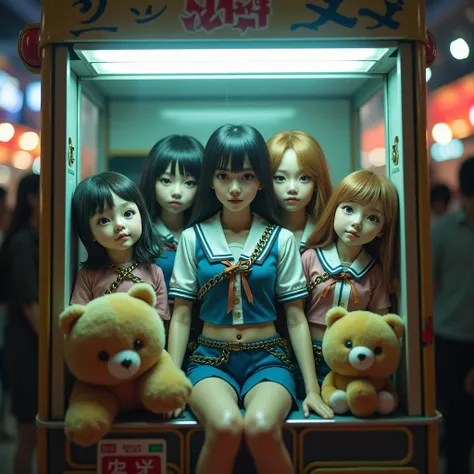 (XLabs F.1 Realism LoRA V1), Live-Action, Real, 5  Realistic Sexy Toys of JK Girl in Uniform becomes a prize in a crane game, Trapped in Huge Crane Game machine, learning on stuffed Toys, Shackles, Yoke, (ProfessionalPHOTO Realistic.6), Specular Reflection...