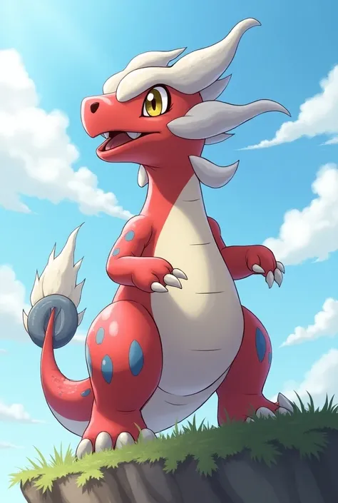  Koraidon in its perfect shape ,  artwork as can be seen on the main ,  is a large dinosaur or .  monitor like Pokémon .  Most of his body is scarlet red ,  with white accents on the cheeks , The belly ,  the legs and the tail .  On his head there is a lar...