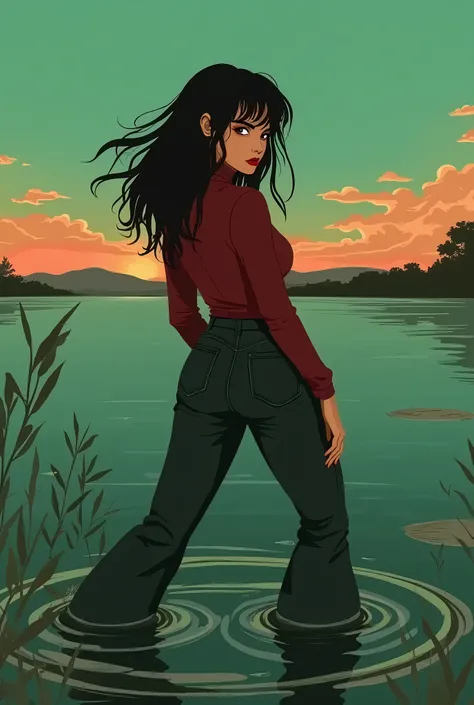 Vector image, anime, Mature Woman, dark orgasm, turtlenecks and flared jeans , sinking in the quicksand swamp, green,red,sky, red lips, turns around, provocative photo shoot