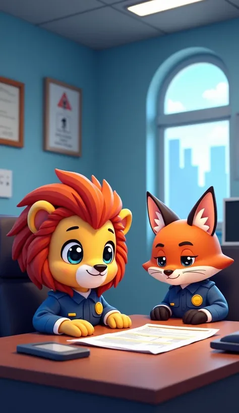 City Police Station* - Officer Sheru, a brave young baby lion round face expensive shining eyes large fluffy hair in a police uniform, sits at his desk. His partner, Nick, fox round face expensive shining eyes wear officer dress dress arrives and together,...