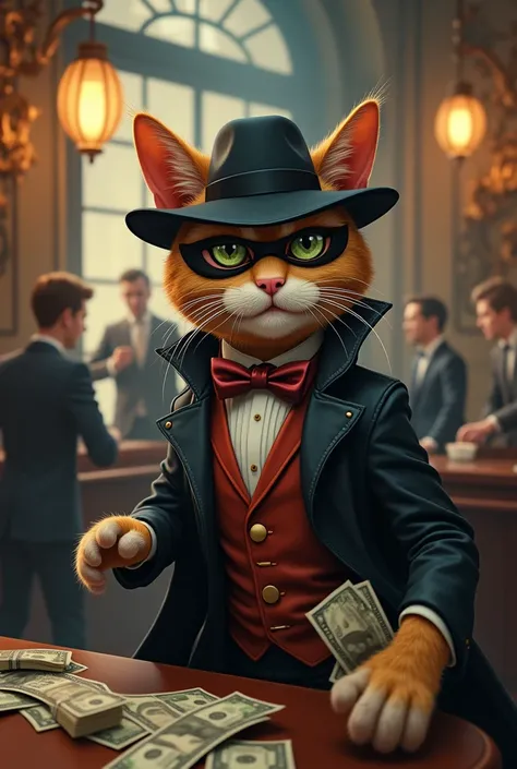 Write a prompt about a cat which is cute  but also hansome and a bit realistic cartonish. The cat is robing a bank . The cat should not be to cute and he is robing a bank in pic and also it is the old time of bank and there is people and staff of bank stan...