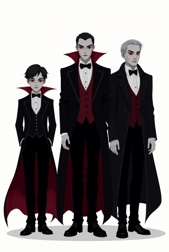 
A vector illustration of three male vampires standing on a white background, each with enough space between them to be used individually. The first vampire is a  boy, with pale skin, sharp fangs, and glowing red eyes, wearing dark Victorian-style clothing...