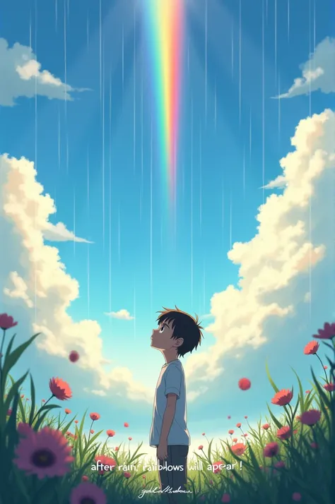 Image Description: Create a scene in anime style that represents hope in difficult times. The image should depict a cloudy sky with rays of sunlight beginning to break through, symbolizing the light of hope. Include a vibrant rainbow appearing after the ra...